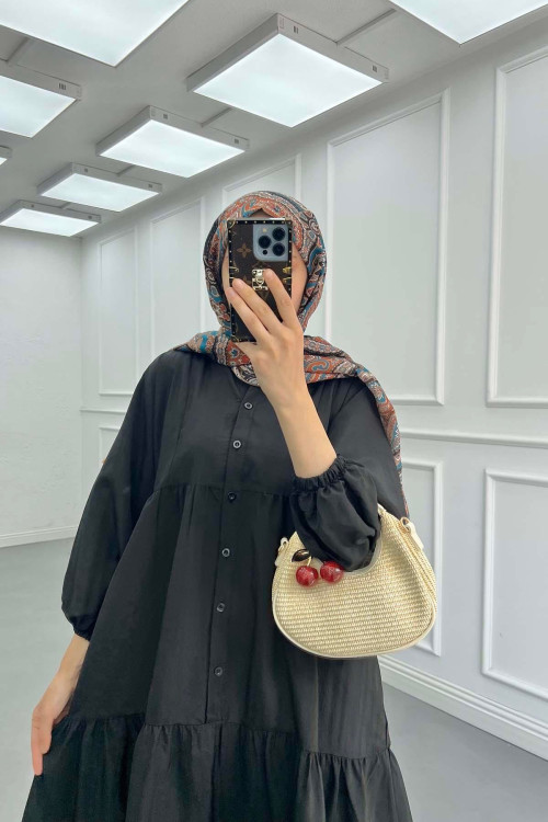 Sare Fashion Half Button Parachute Dress Black