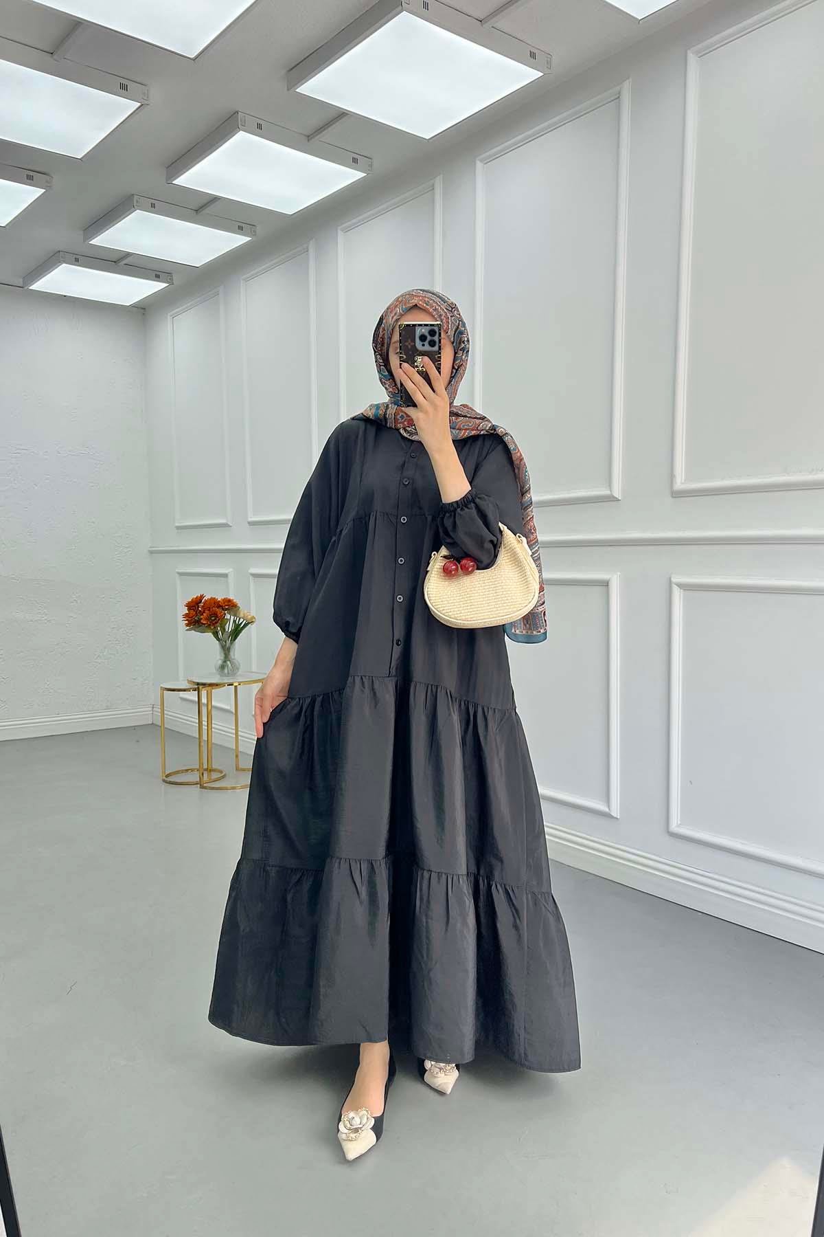 Sare Fashion Half Button Parachute Dress Black