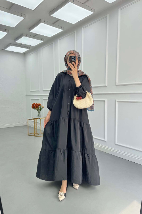 Sare Fashion Half Button Parachute Dress Black