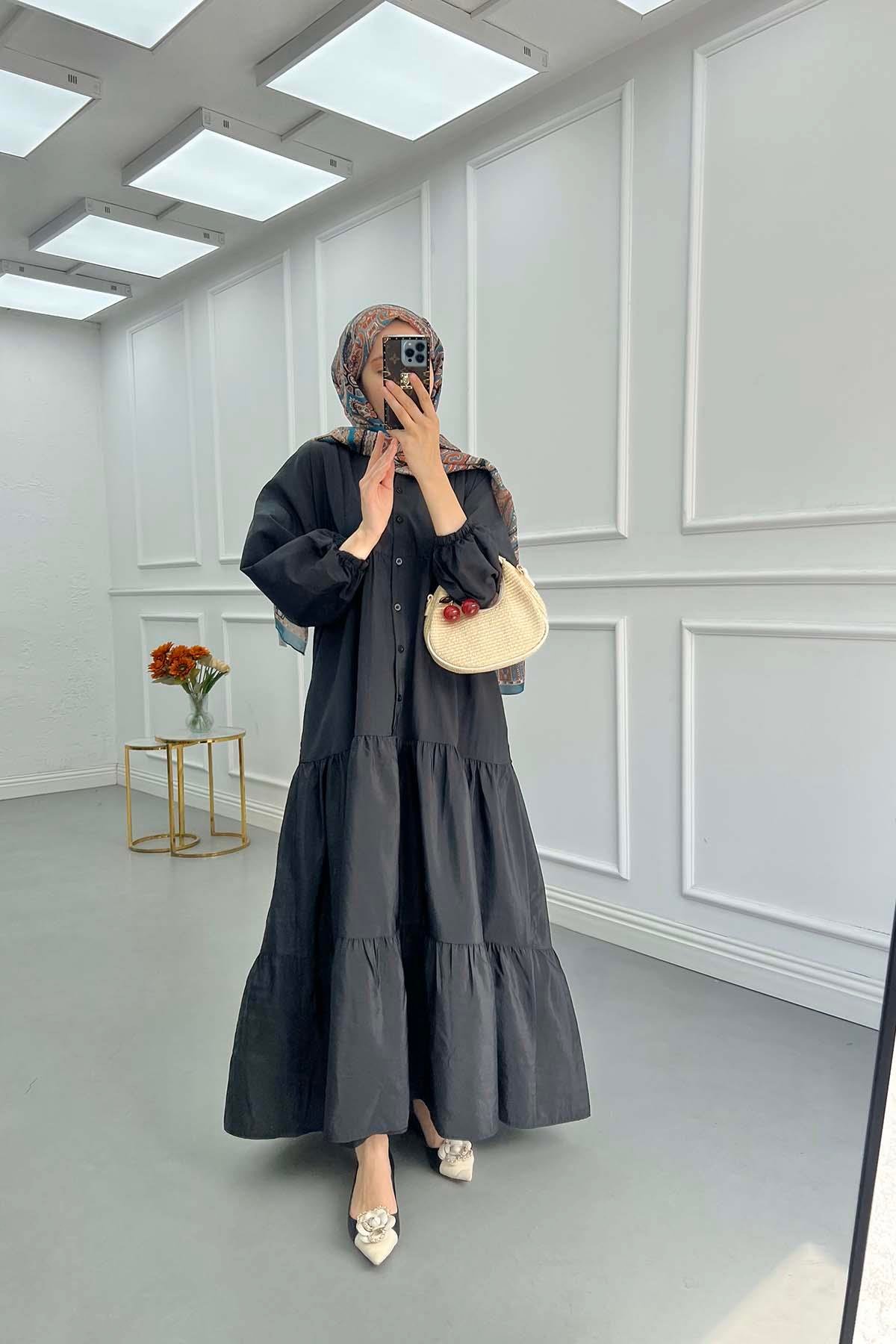 Sare Fashion Half Button Parachute Dress Black