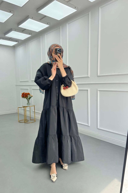 Sare Fashion Half Button Parachute Dress Black