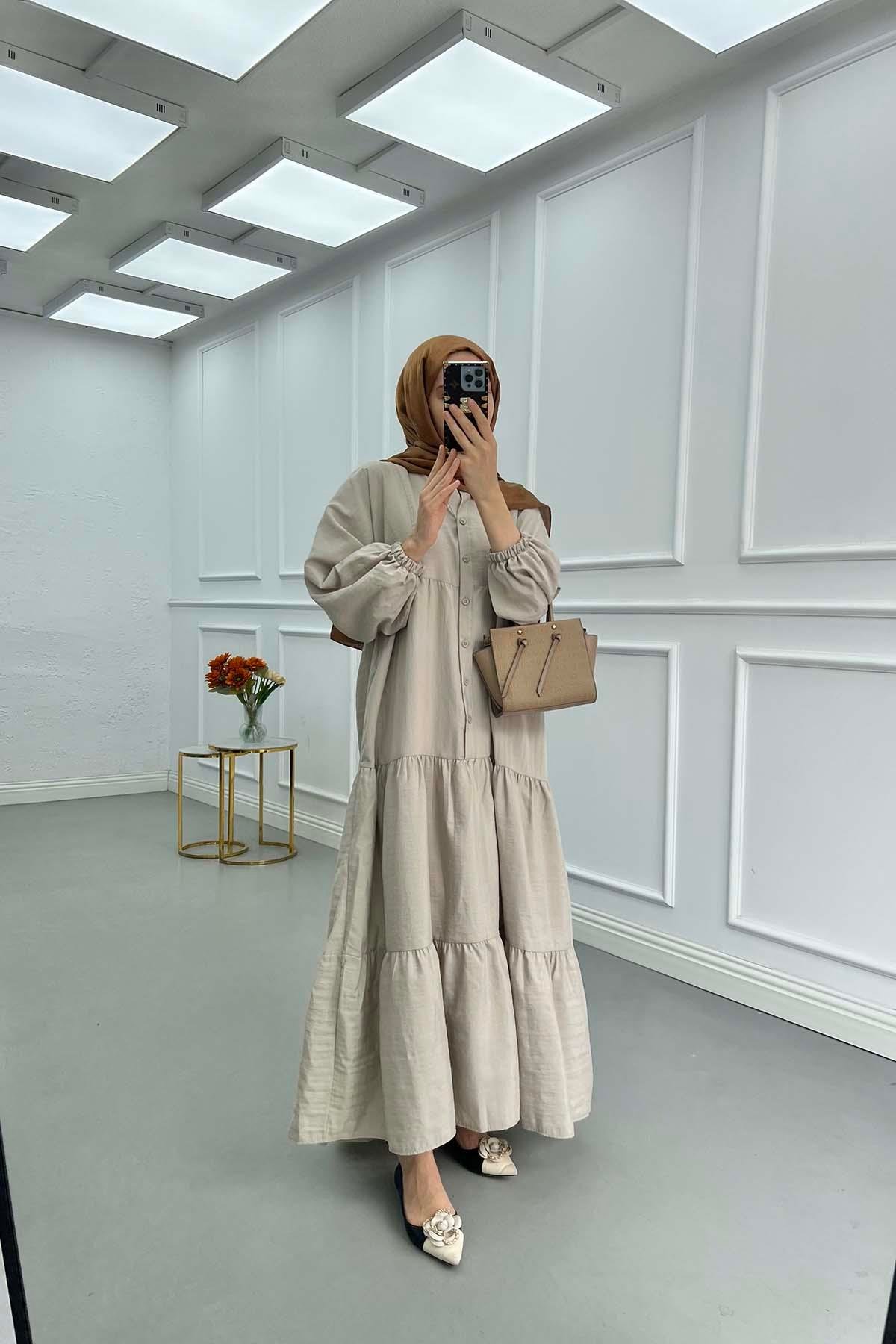 Sare Fashion Half Button Parachute Dress Stone