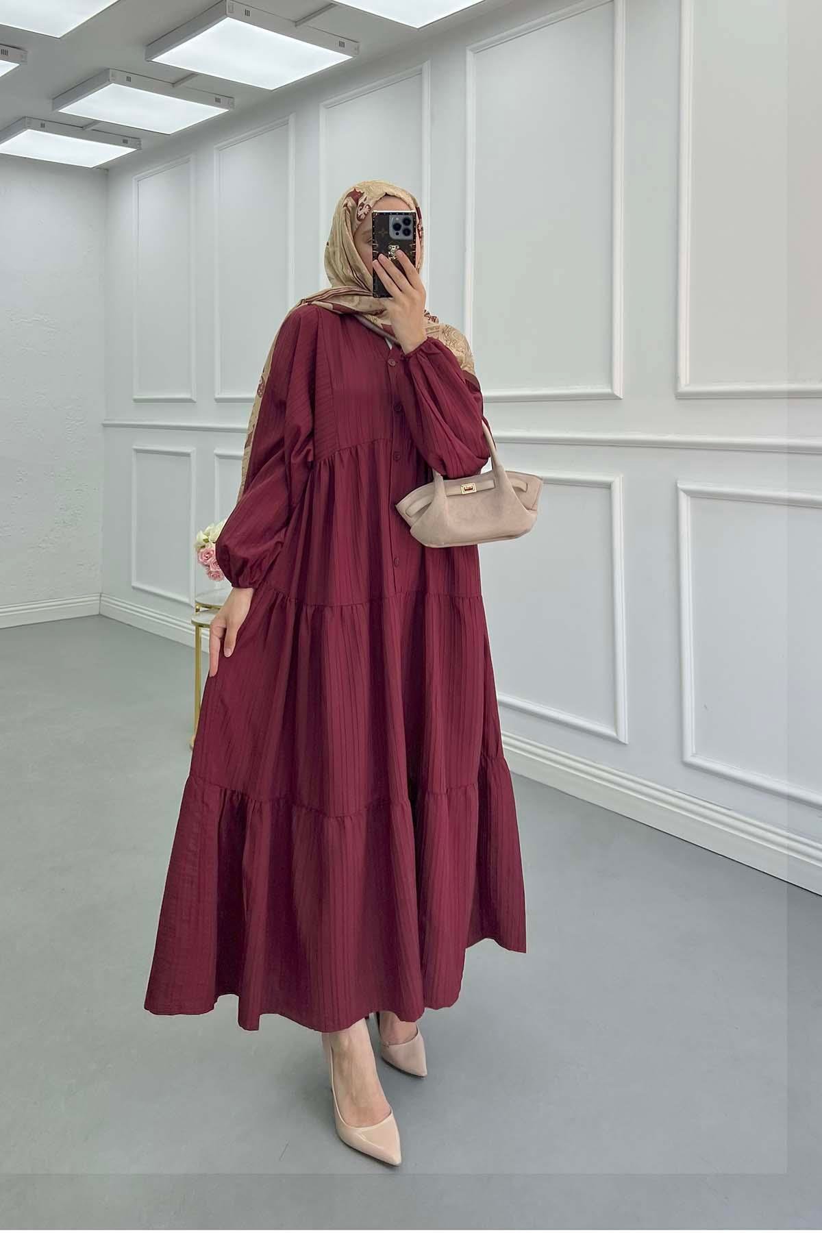 Sare Fashion Half Button Placket Dress Burgundy