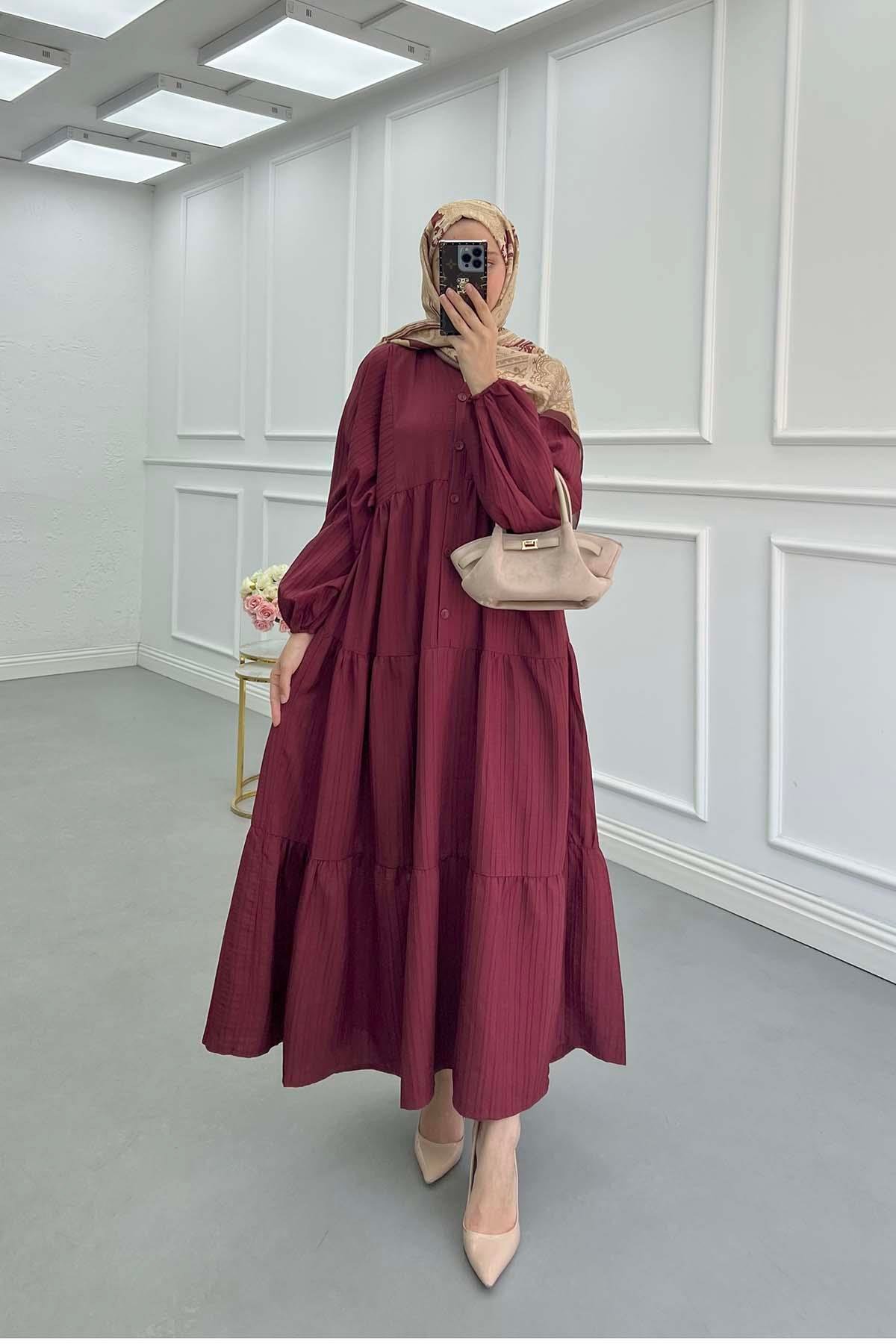 Sare Fashion Half Button Placket Dress Burgundy