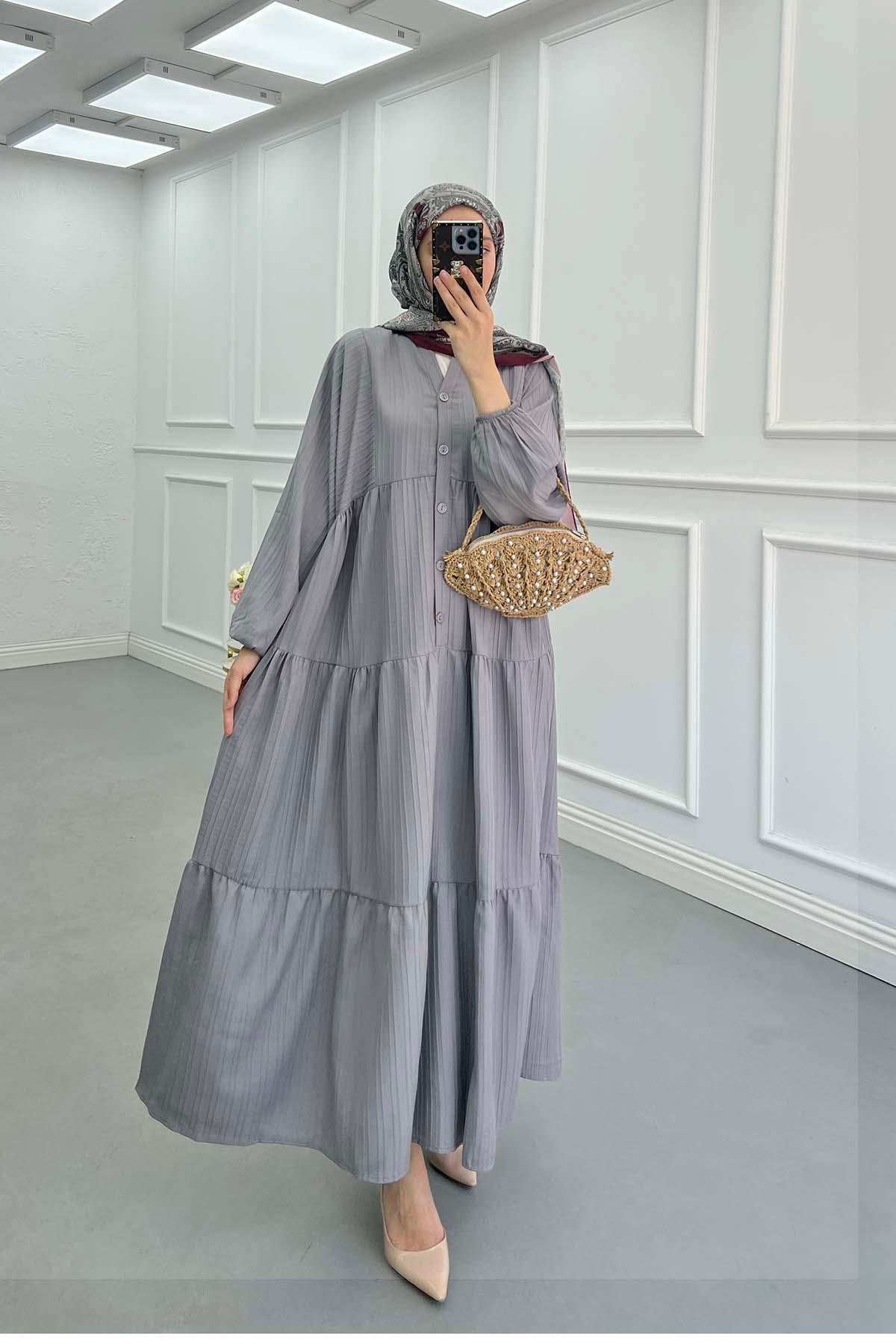 Sare Fashion Half Button Placket Dress Gray