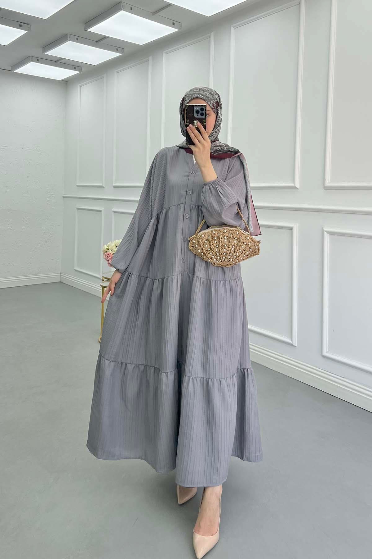 Sare Fashion Half Button Placket Dress Gray