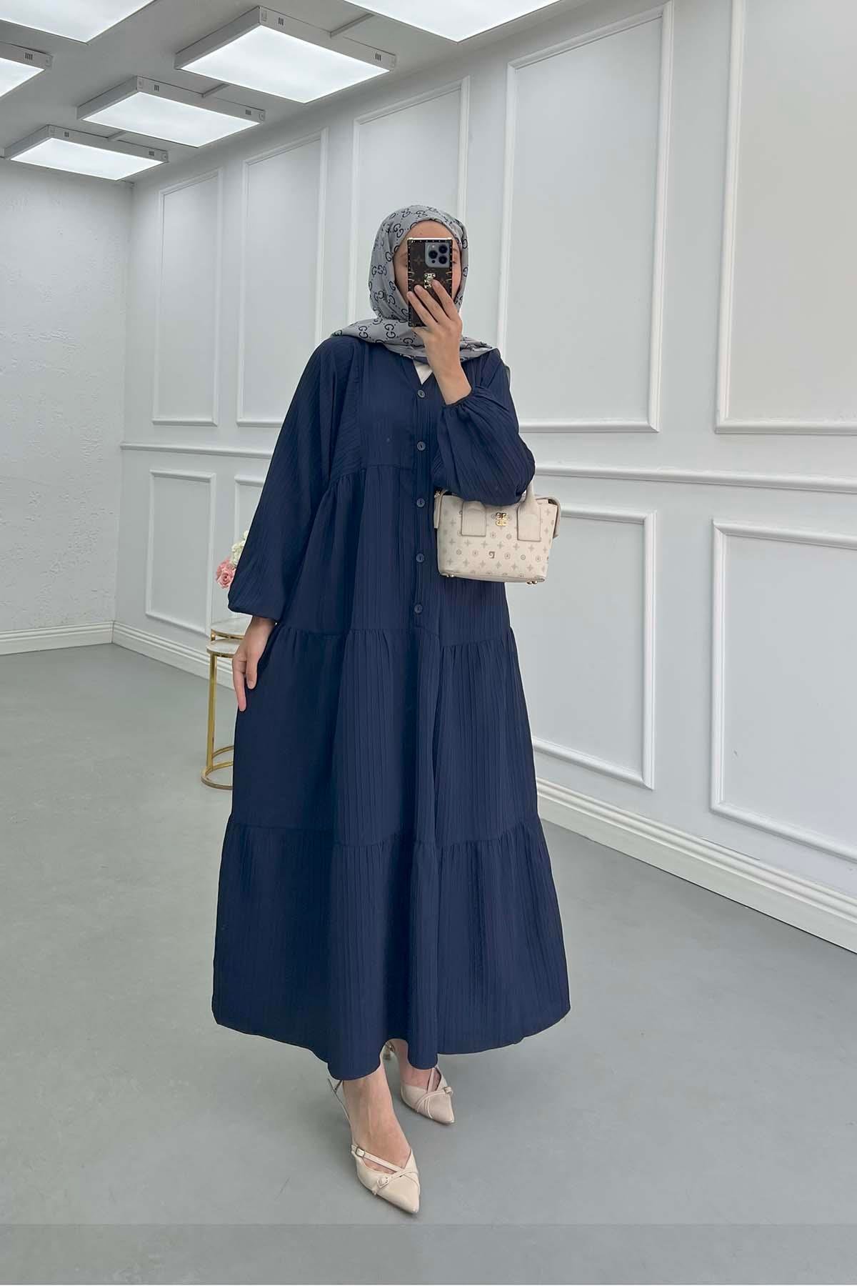 Sare Fashion Half Button Placket Dress Navy Blue