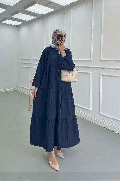 Sare Fashion Half Button Placket Dress Navy Blue