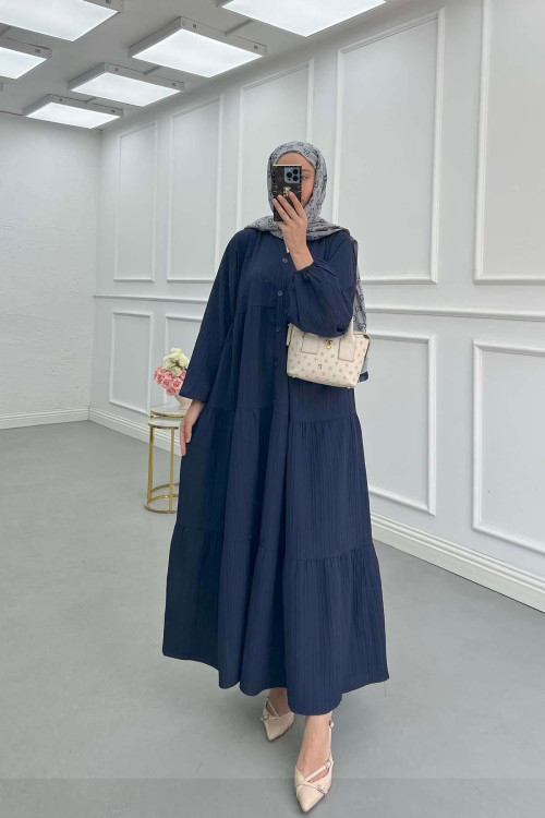 Sare Fashion Half Button Placket Dress Navy Blue