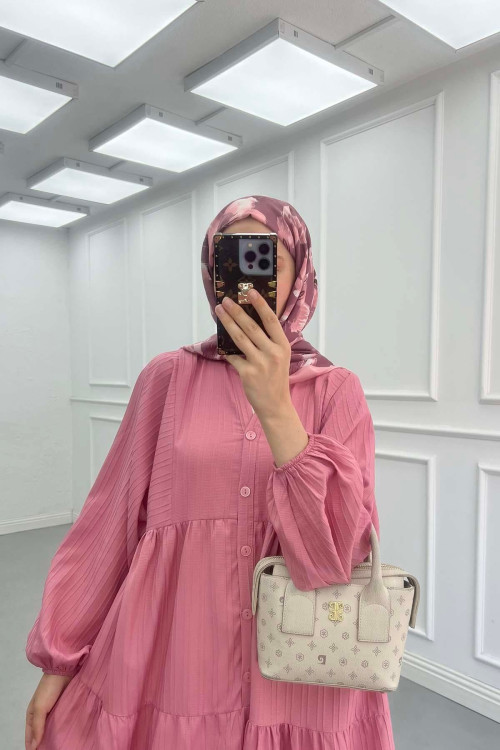 Sare Fashion Half Button Placket Dress Pink