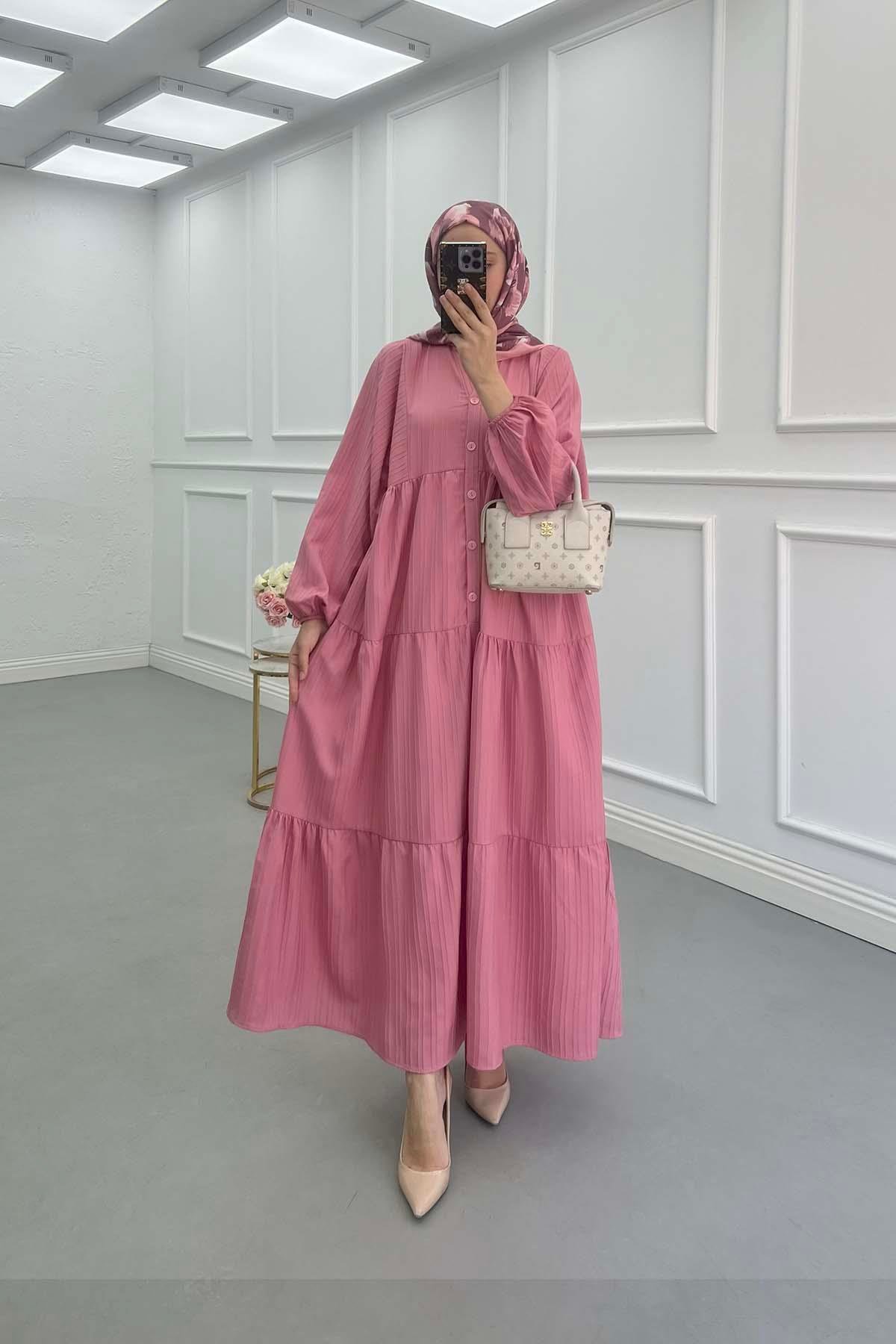 Sare Fashion Half Button Placket Dress Pink