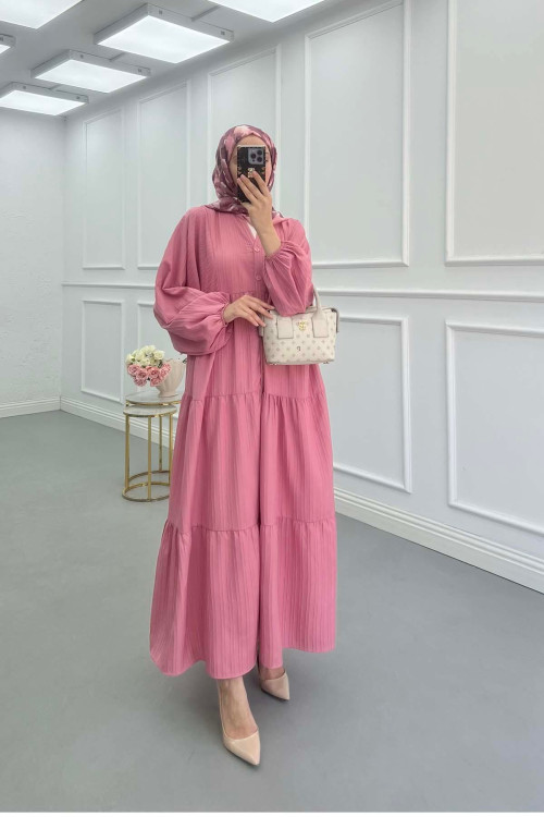 Sare Fashion Half Button Placket Dress Pink