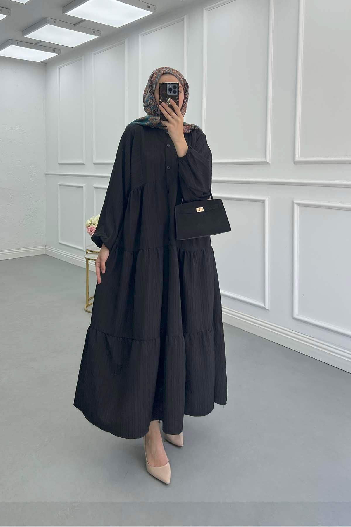 Sare Fashion Half Button Placket Dress Black