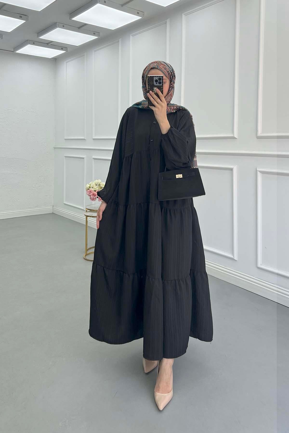 Sare Fashion Half Button Placket Dress Black