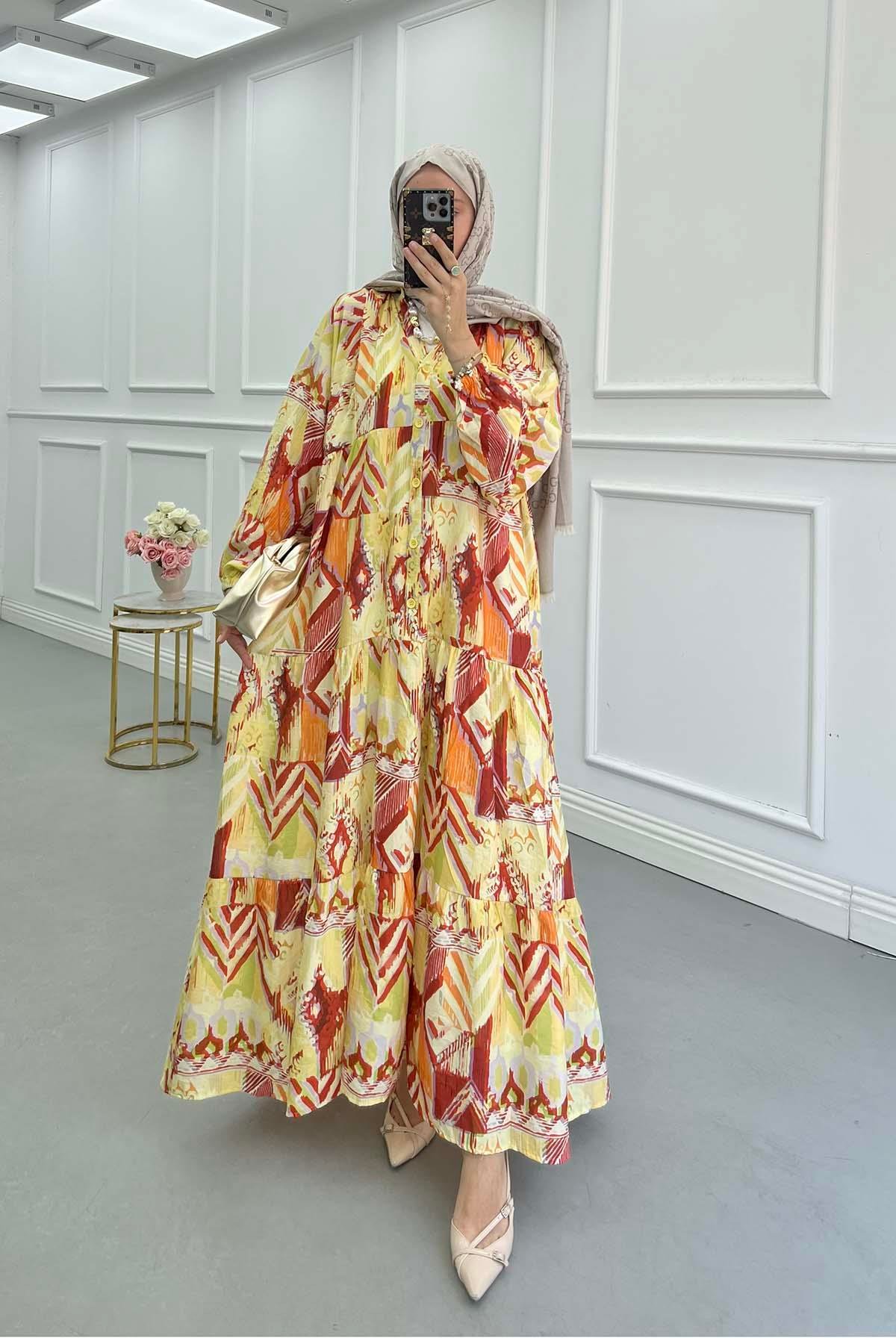 Sare Fashion Half Button Viscose Dress Yellow