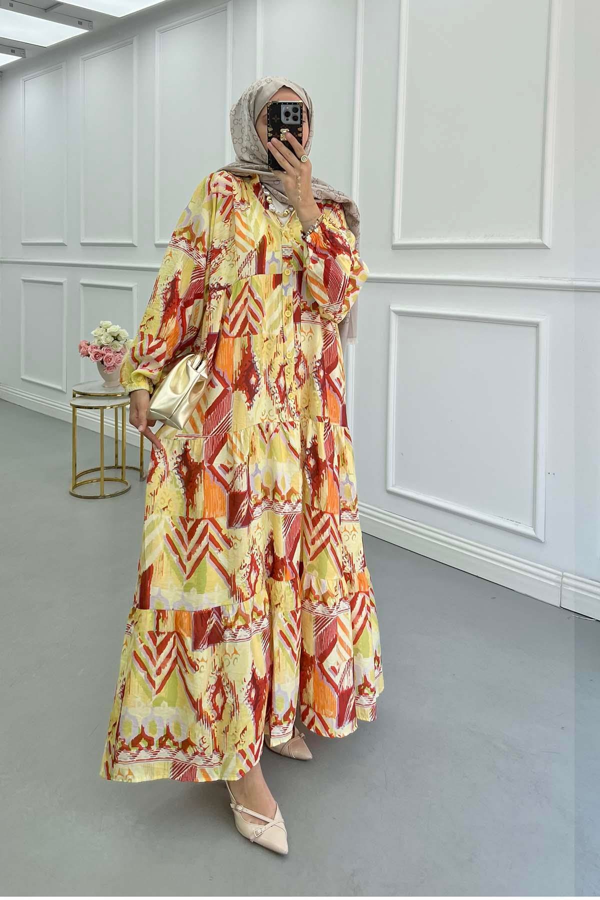Sare Fashion Half Button Viscose Dress Yellow