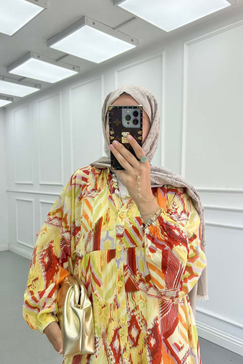 Sare Fashion Half Button Viscose Dress Yellow