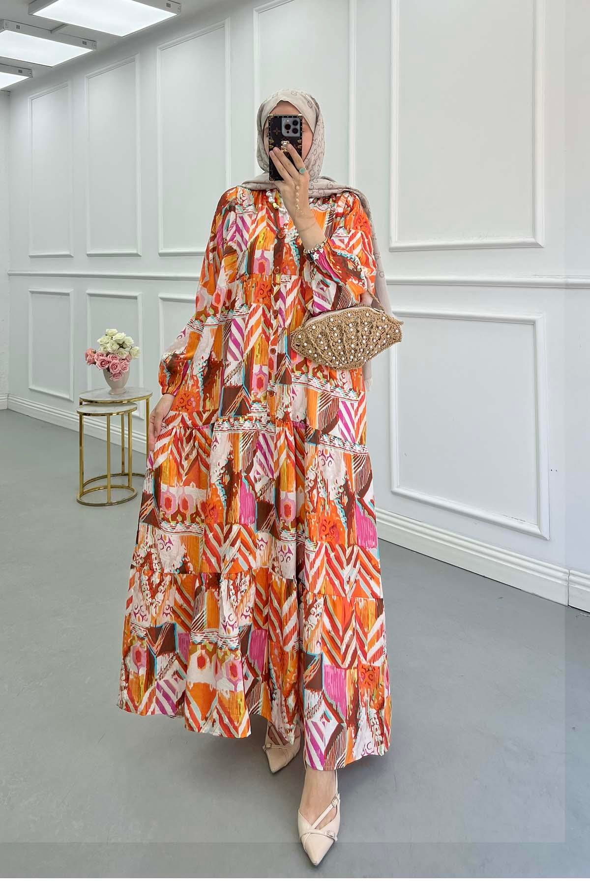 Sare Fashion Half Button Viscose Dress Orange