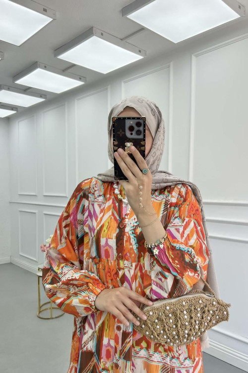 Sare Fashion Half Button Viscose Dress Orange Sare Fashion Half Button Viscose Dress Orange