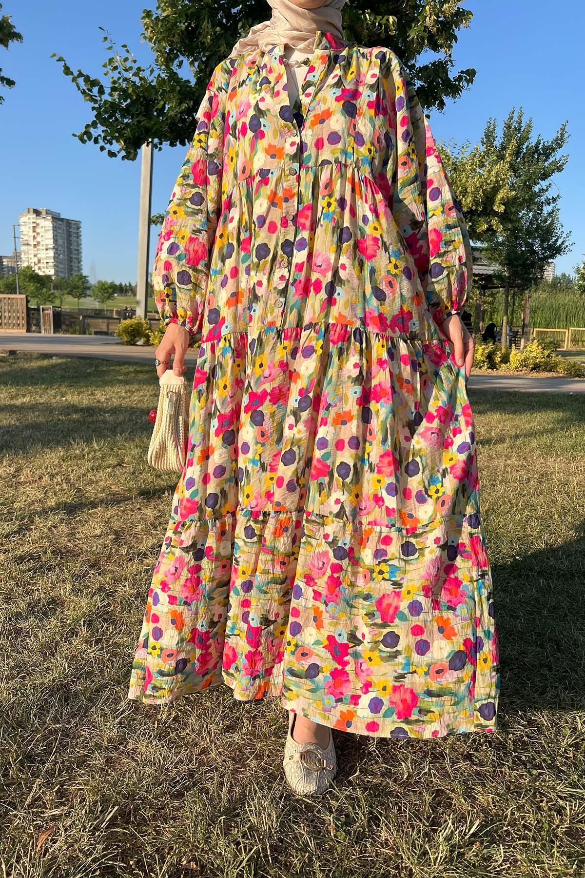 Sare Fashion Half Button Patterned Viscose Dress Multicolor