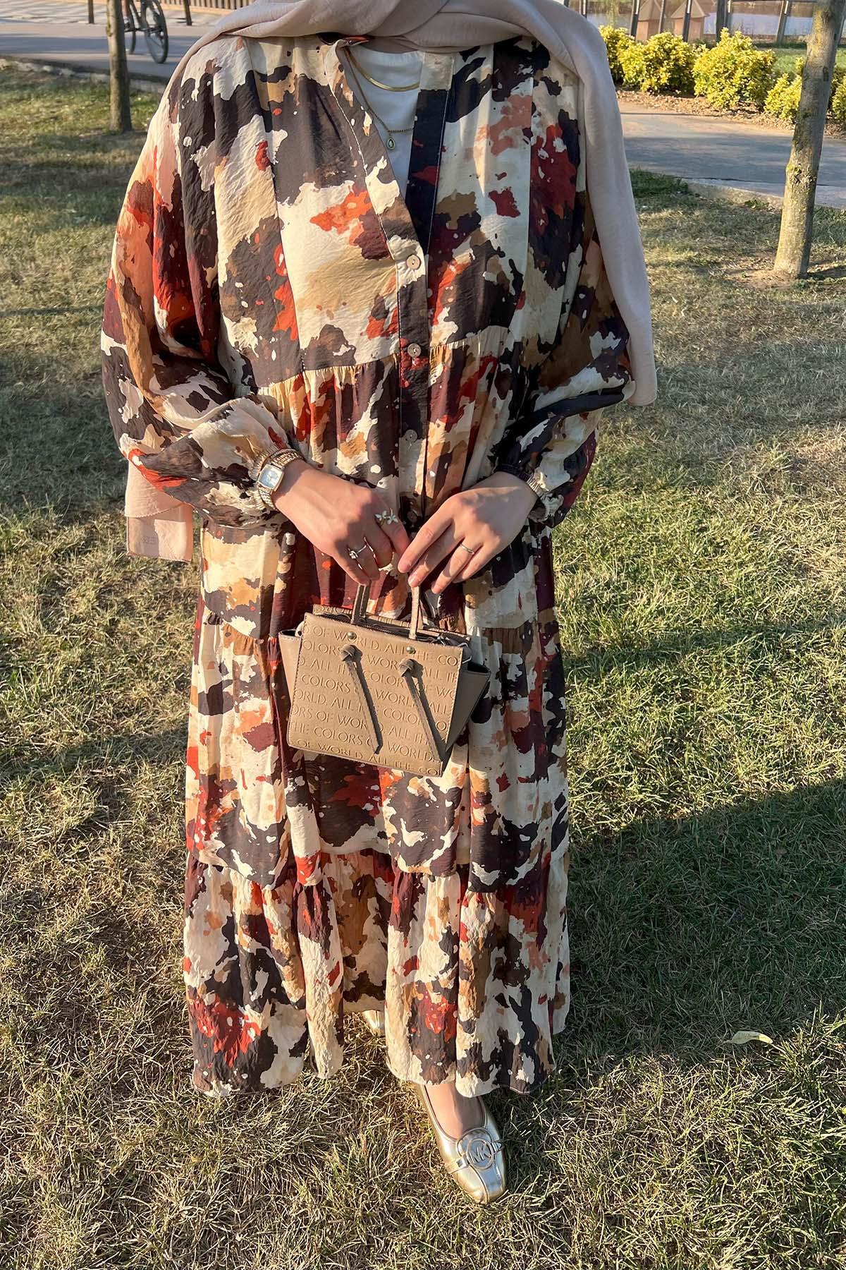 Sare Fashion Half Button Patterned Viscose Dress Brown