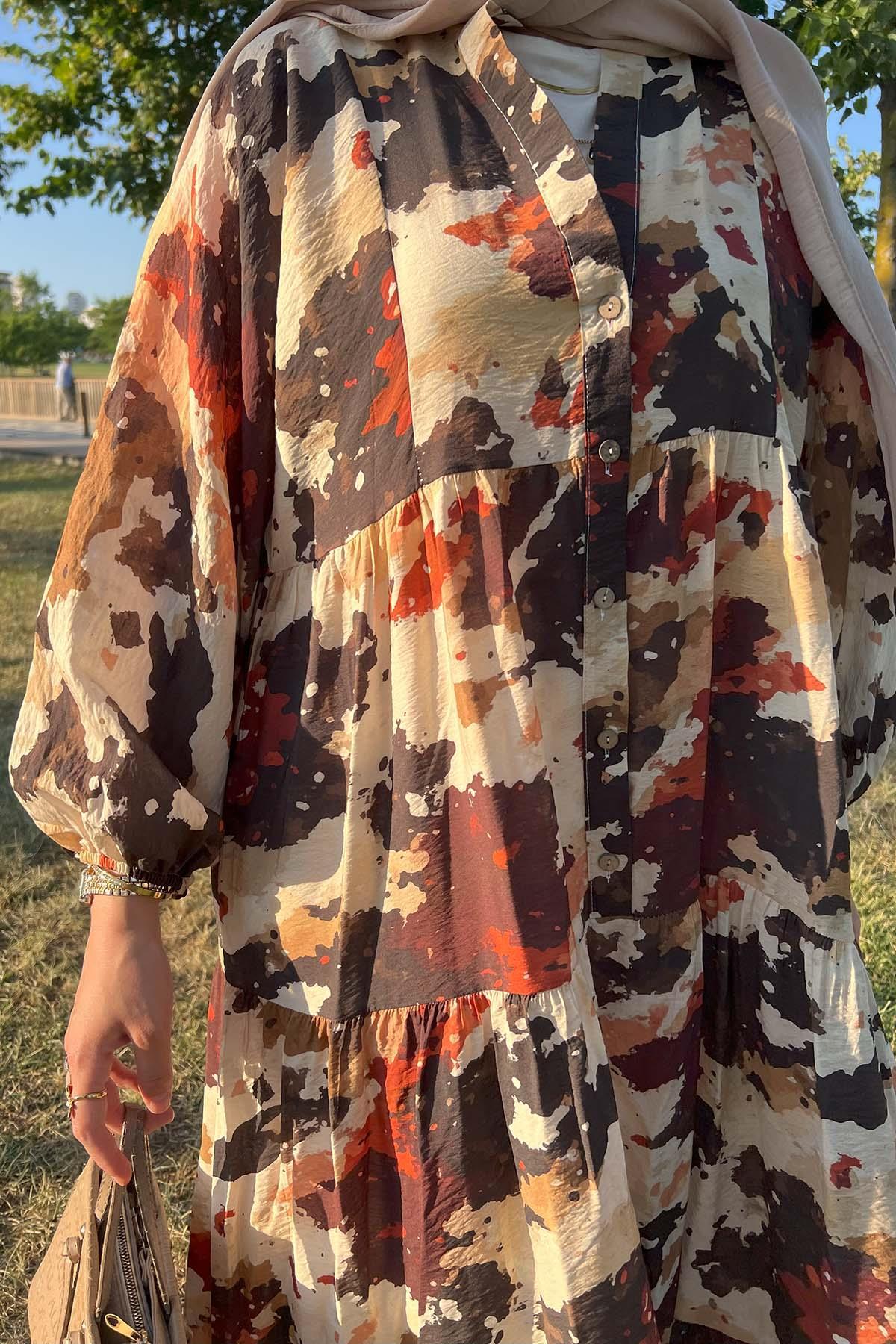 Sare Fashion Half Button Patterned Viscose Dress Brown