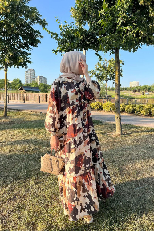 Sare Fashion Half Button Patterned Viscose Dress Brown