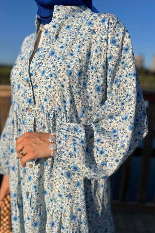 Sare Fashion Half Button Patterned Viscose Dress Blue