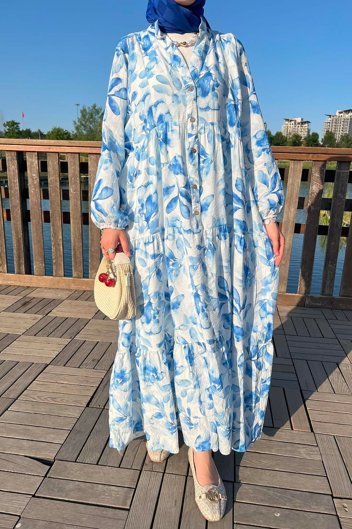 Sare Fashion Half Button Patterned Viscose Dress Blue