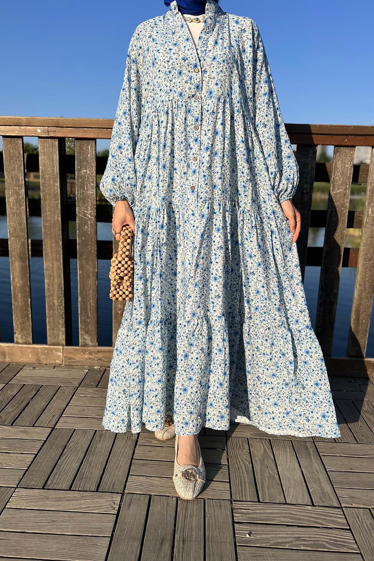 Sare Fashion Half Button Patterned Viscose Dress Blue