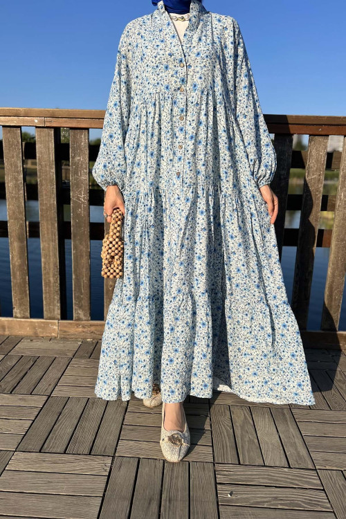 Sare Fashion Half Button Patterned Viscose Dress Blue
