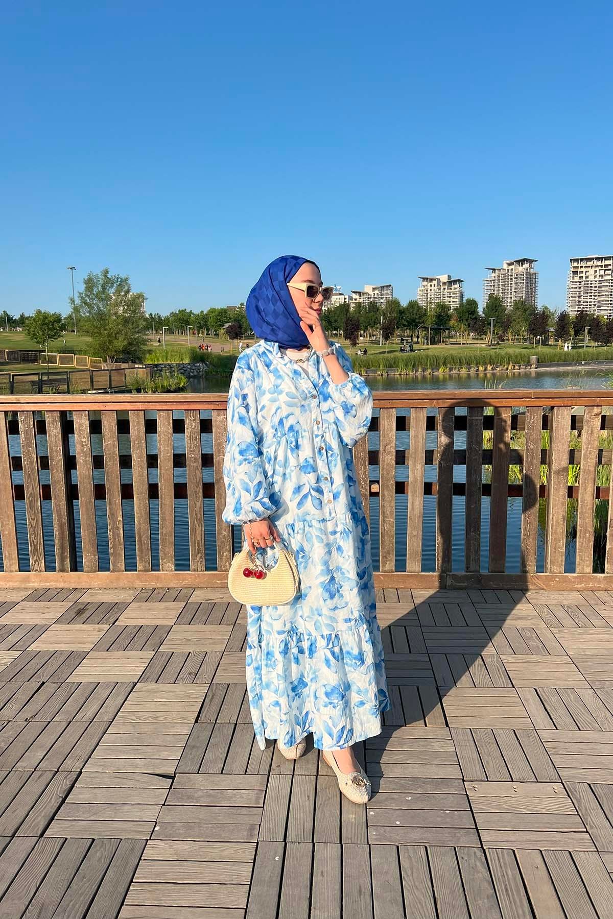 Sare Fashion Half Button Patterned Viscose Dress Blue