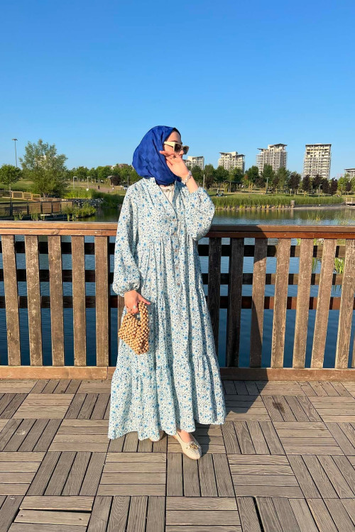 Sare Fashion Half Button Patterned Viscose Dress Blue