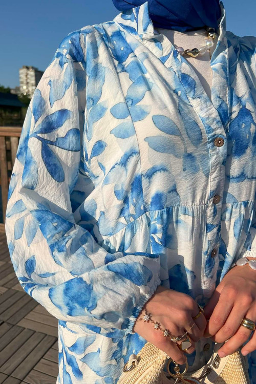 Sare Fashion Half Button Patterned Viscose Dress Blue