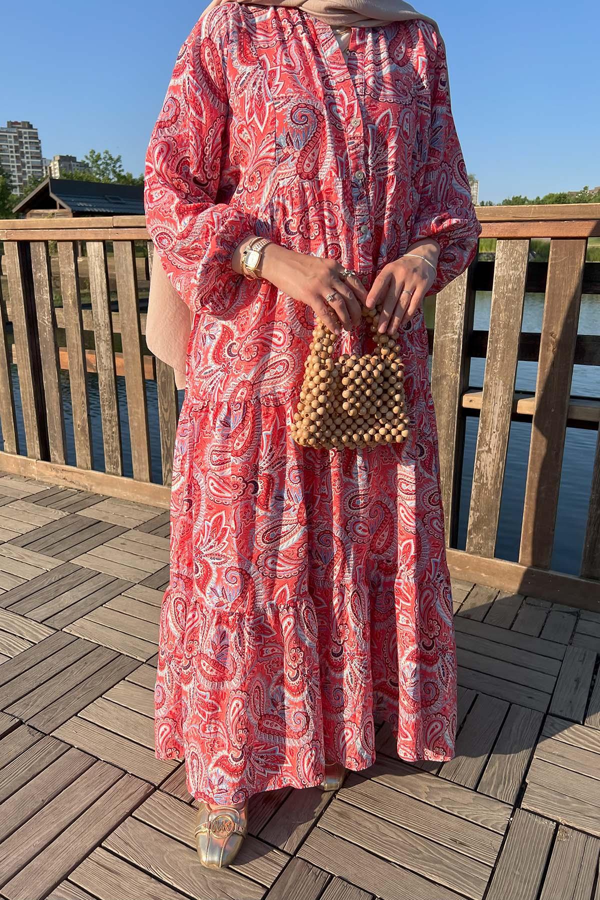 Sare Fashion Half Button Patterned Viscose Dress Salmon