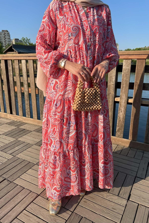 Sare Fashion Half Button Patterned Viscose Dress Salmon