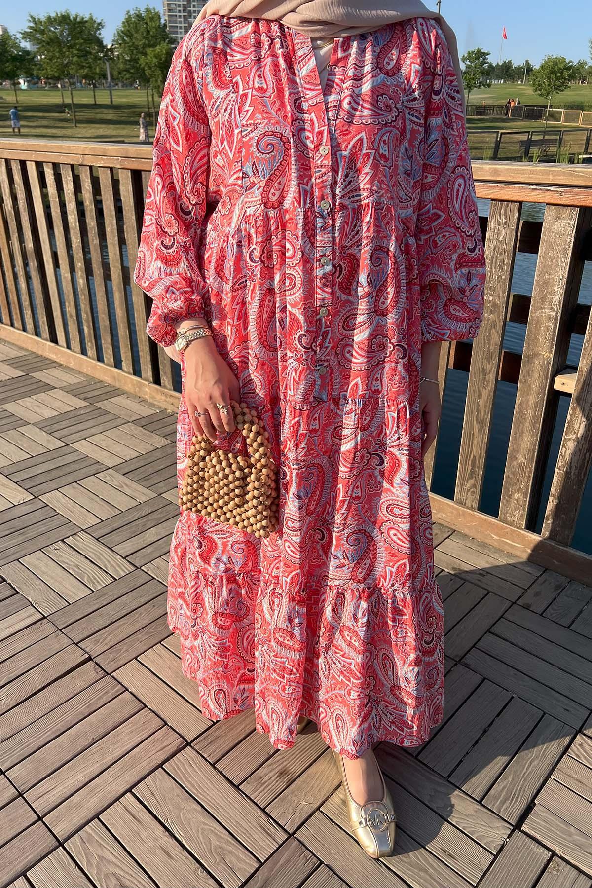 Sare Fashion Half Button Patterned Viscose Dress Salmon