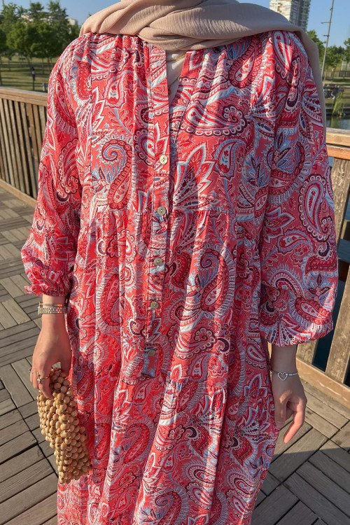 Sare Fashion Half Button Patterned Viscose Dress Salmon