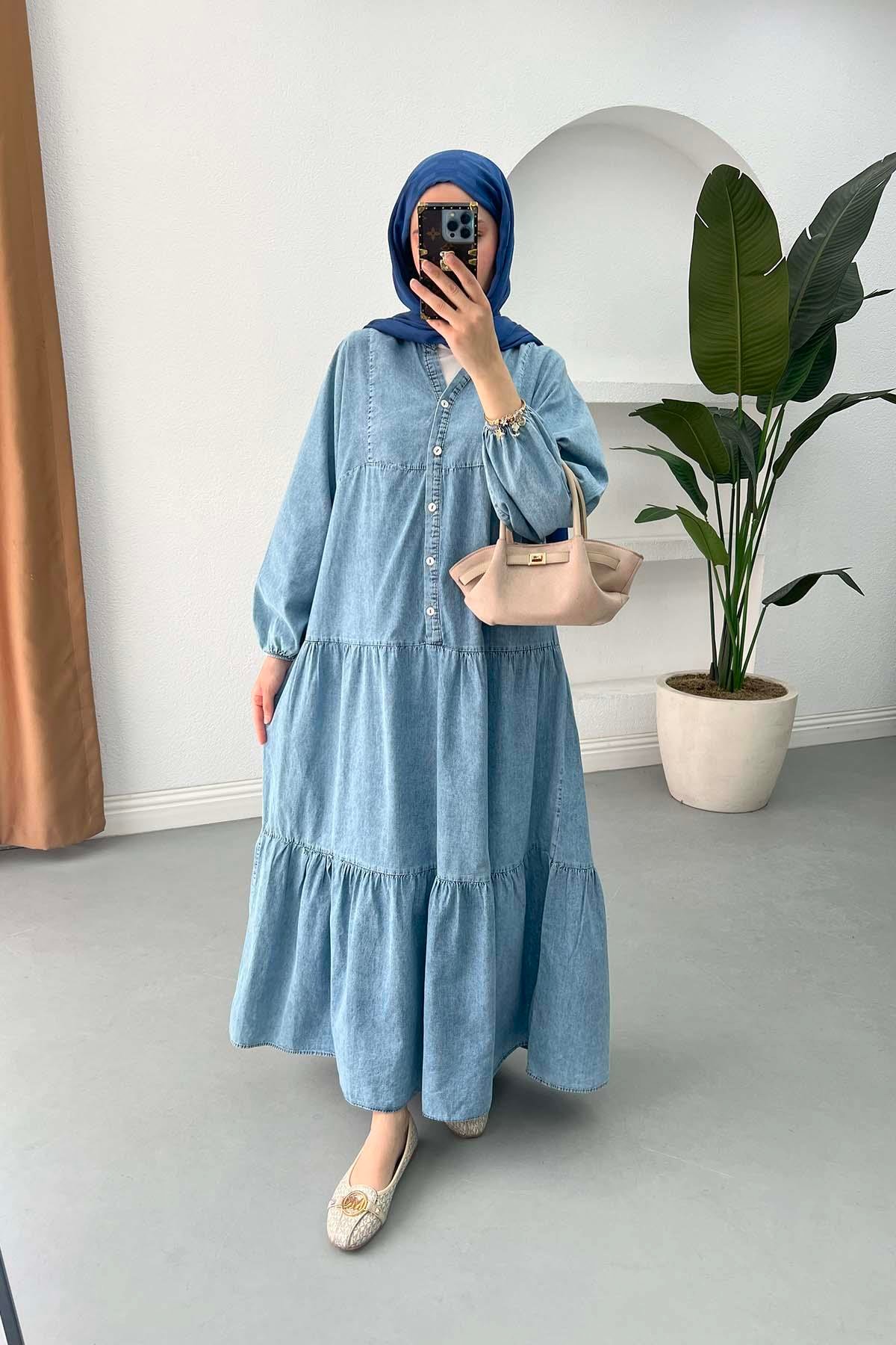 Sare Fashion Half Button Denim Dress Blue