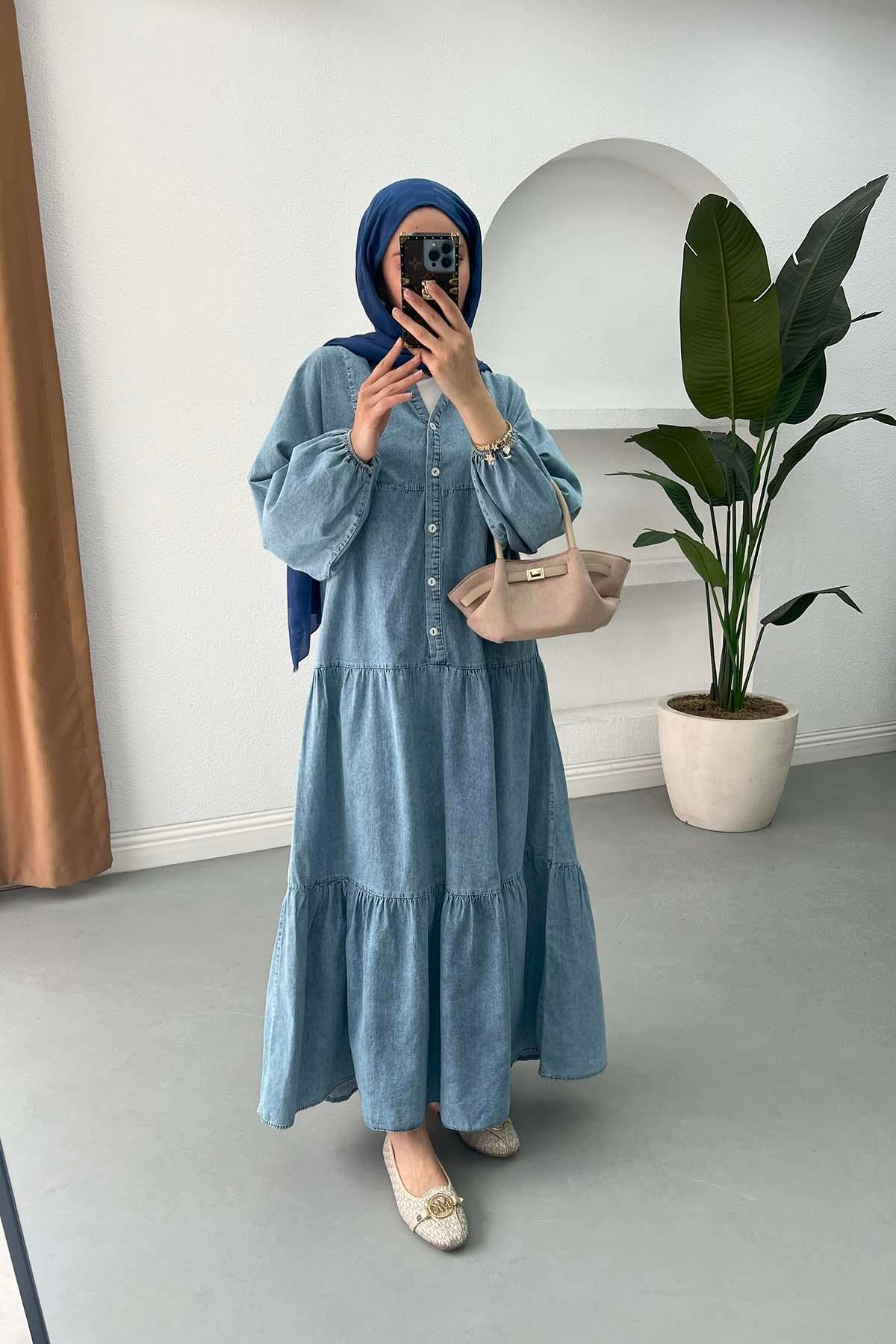 Sare Fashion Half Button Denim Dress Blue