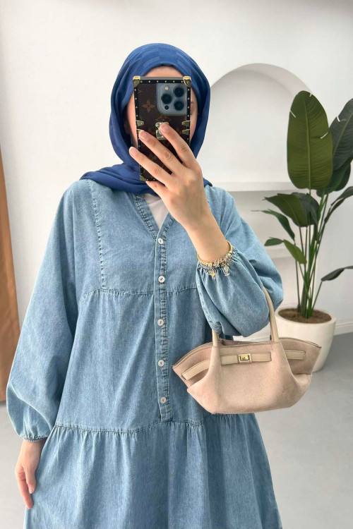 Sare Fashion Half Button Denim Dress Blue