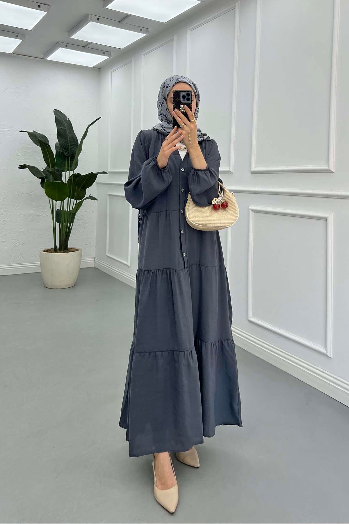 Sare Fashion Half Button Tencel Dress Smoke