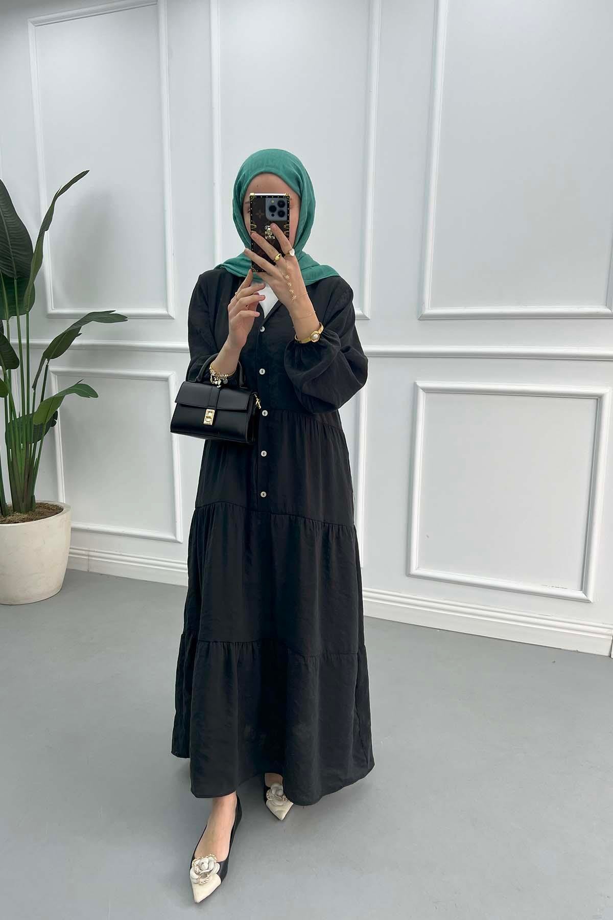 Half Button Tencel Dress Black