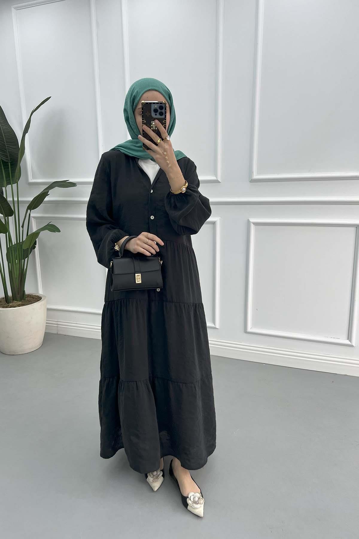 Half Button Tencel Dress Black