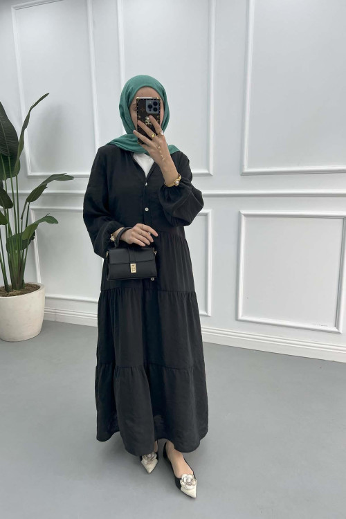 Half Button Tencel Dress Black