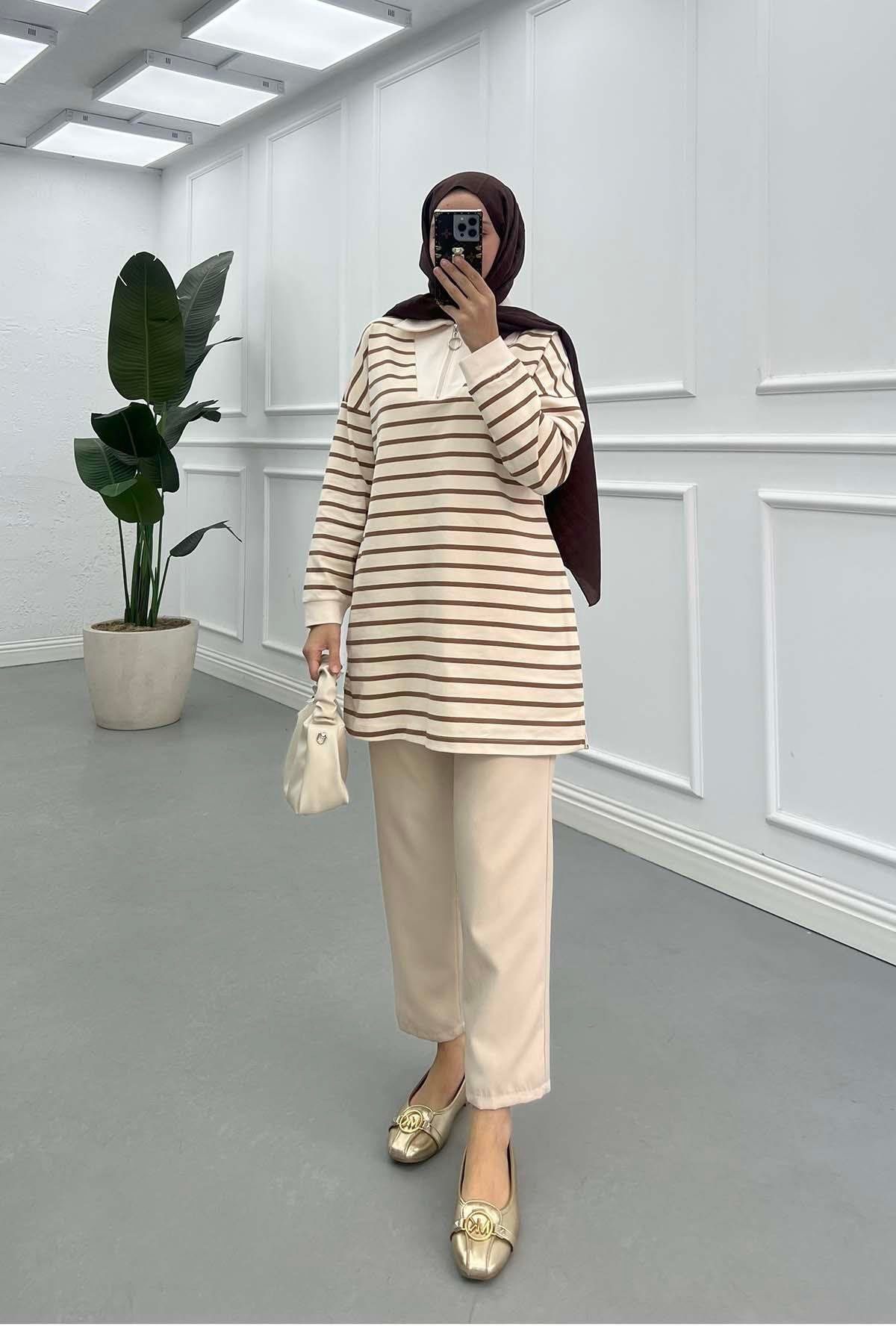 Sare Fashion Half Zipper Collar Sweatshirt Brown