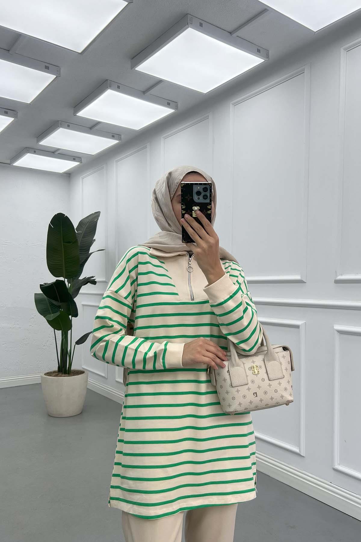 Sare Fashion Half Zipper Collar Sweatshirt Green