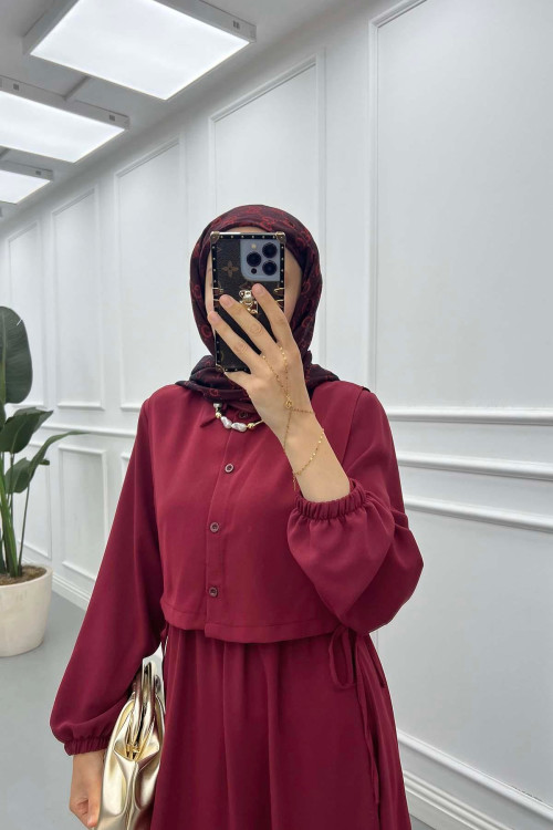 Sare Fashion Vest Detailed Tie Dress Burgundy