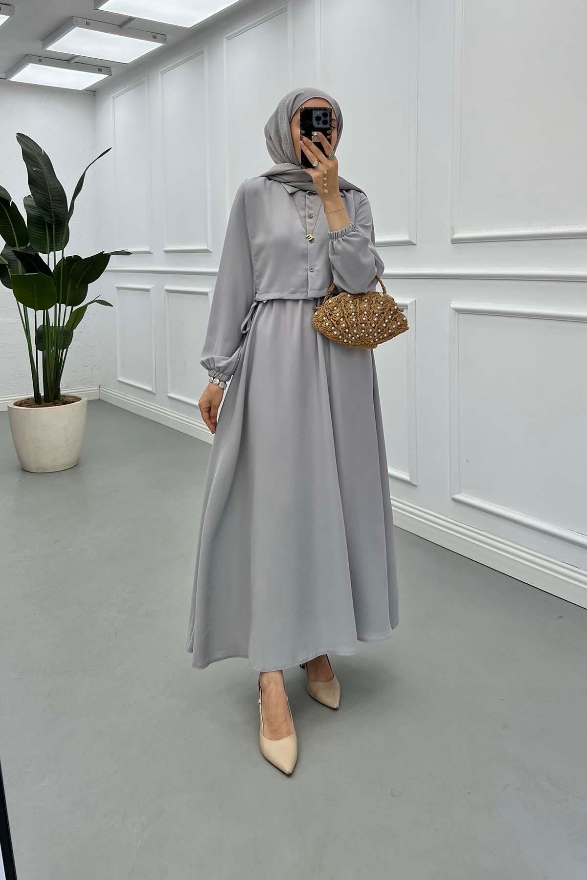 Sare Fashion Vest Detailed Tie Dress Gray