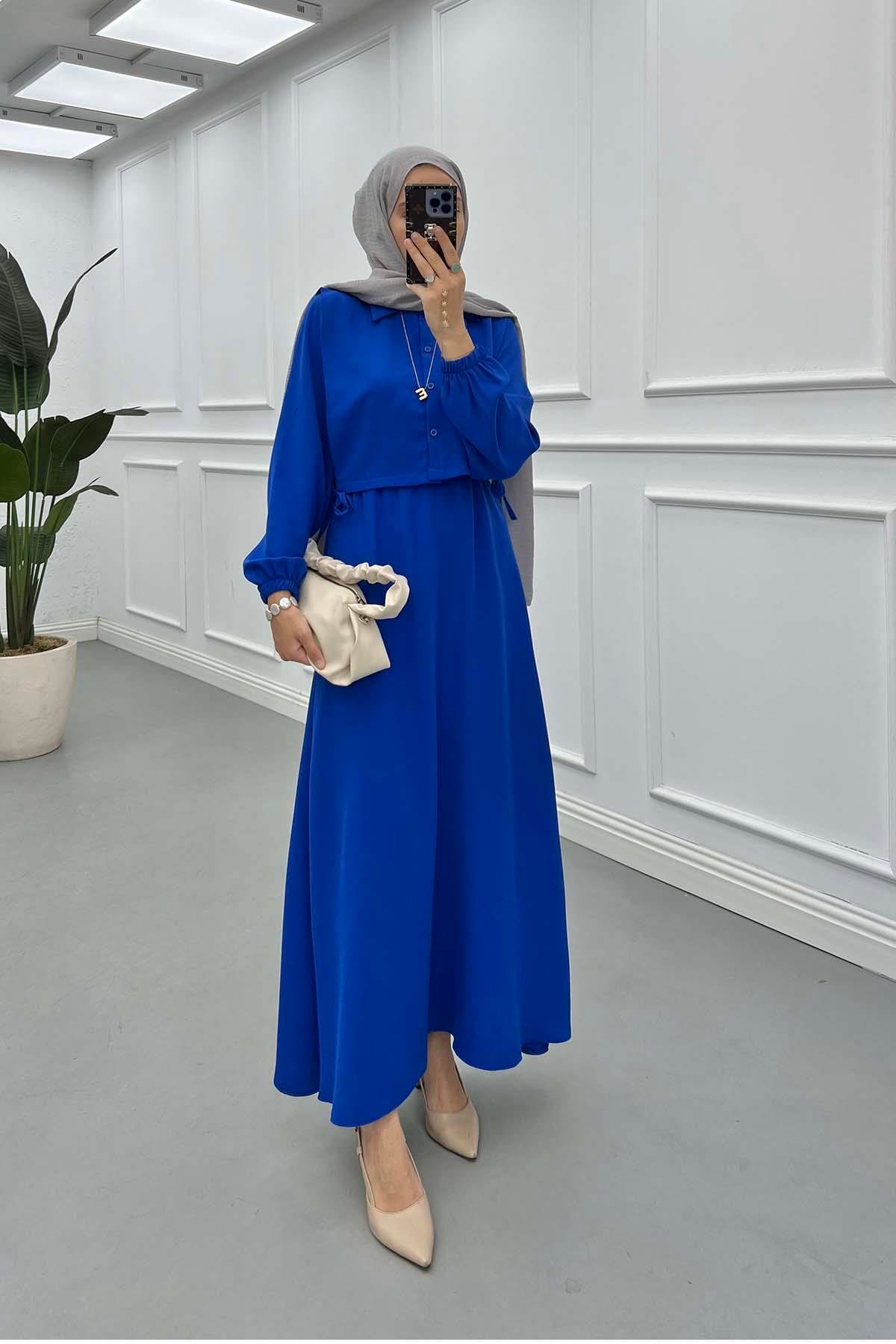 Sare Fashion Tied Dress with Vest Detail, Saxe Blue